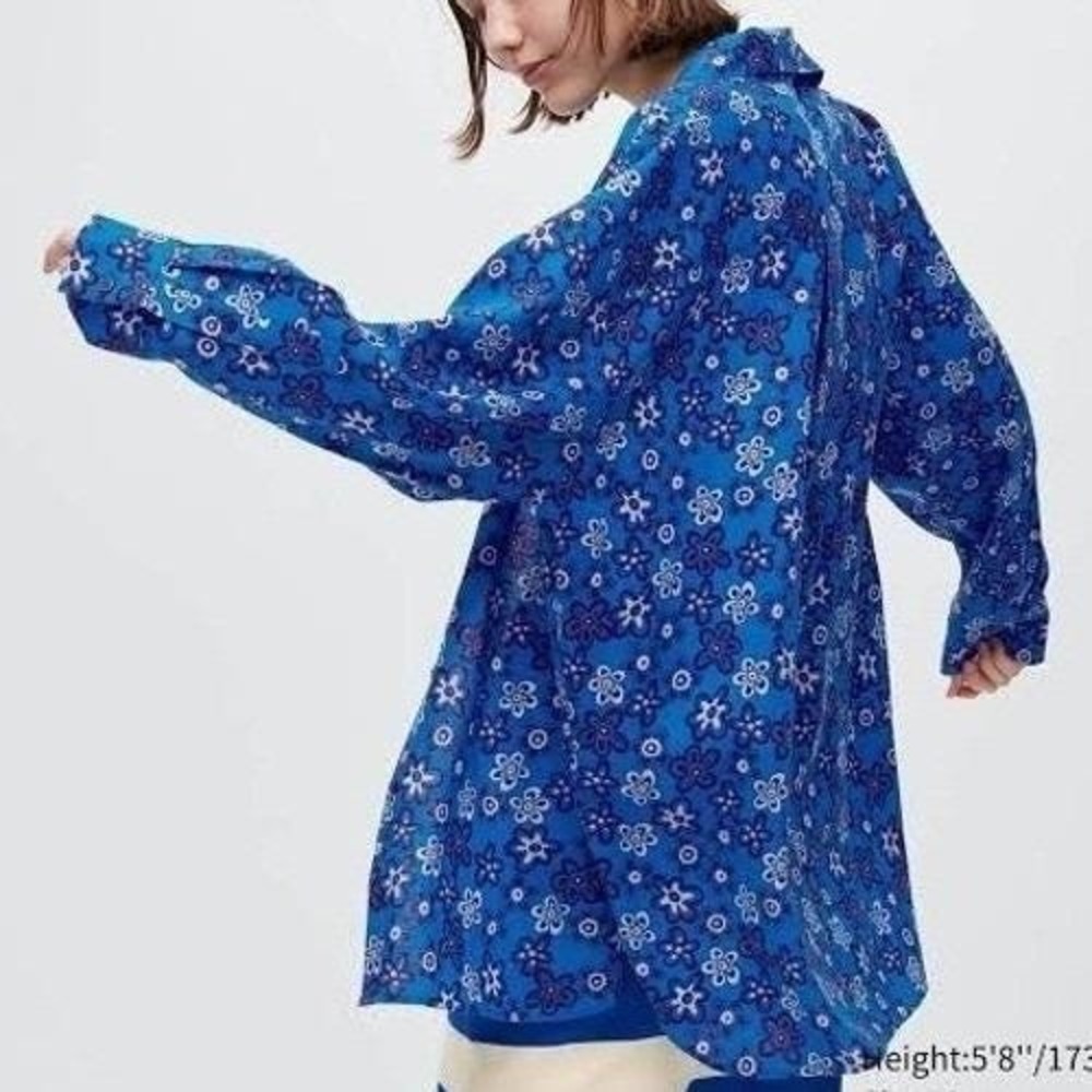 Marni Uniqlo Oversize Linen Floral Pattern Button Shirt Men M Blue Lightweight - Picture 12 of 12